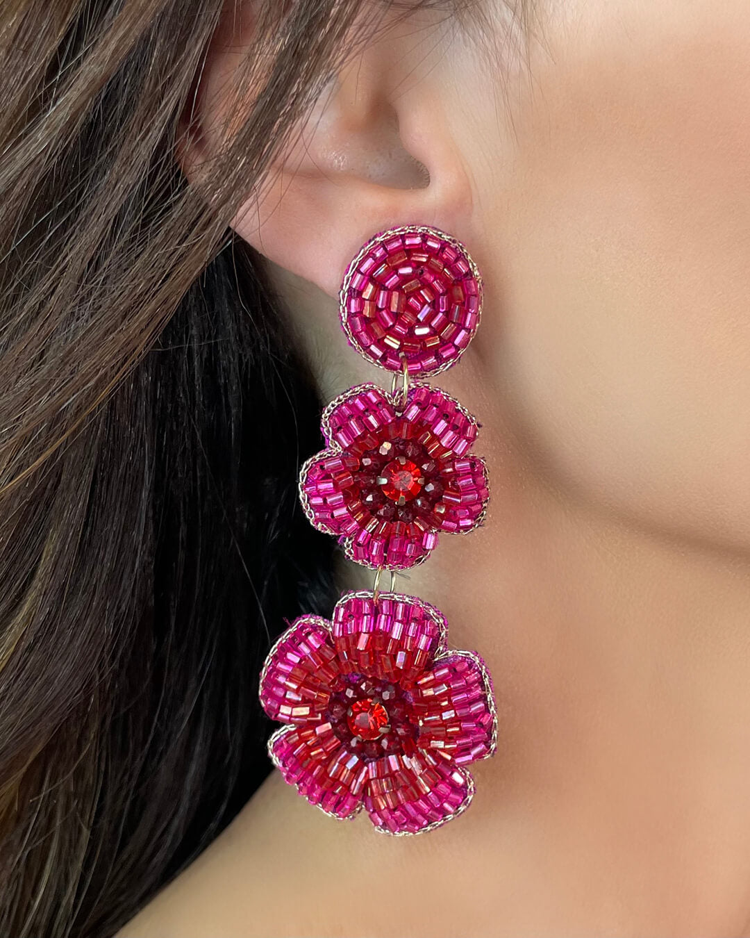 Multi Layer Flower Bead Statement Earrings