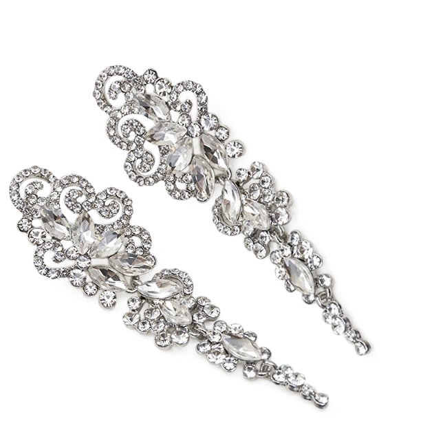 Detailed filigree diamante and rhinestone stud earrings Dramatic drop design Set in rhodium toned alloy