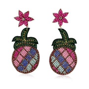 Pink Flower Stud Earrings with Pinapple Statement Drops