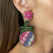 Pink Flower Stud Earrings with Pinapple Statement Drops