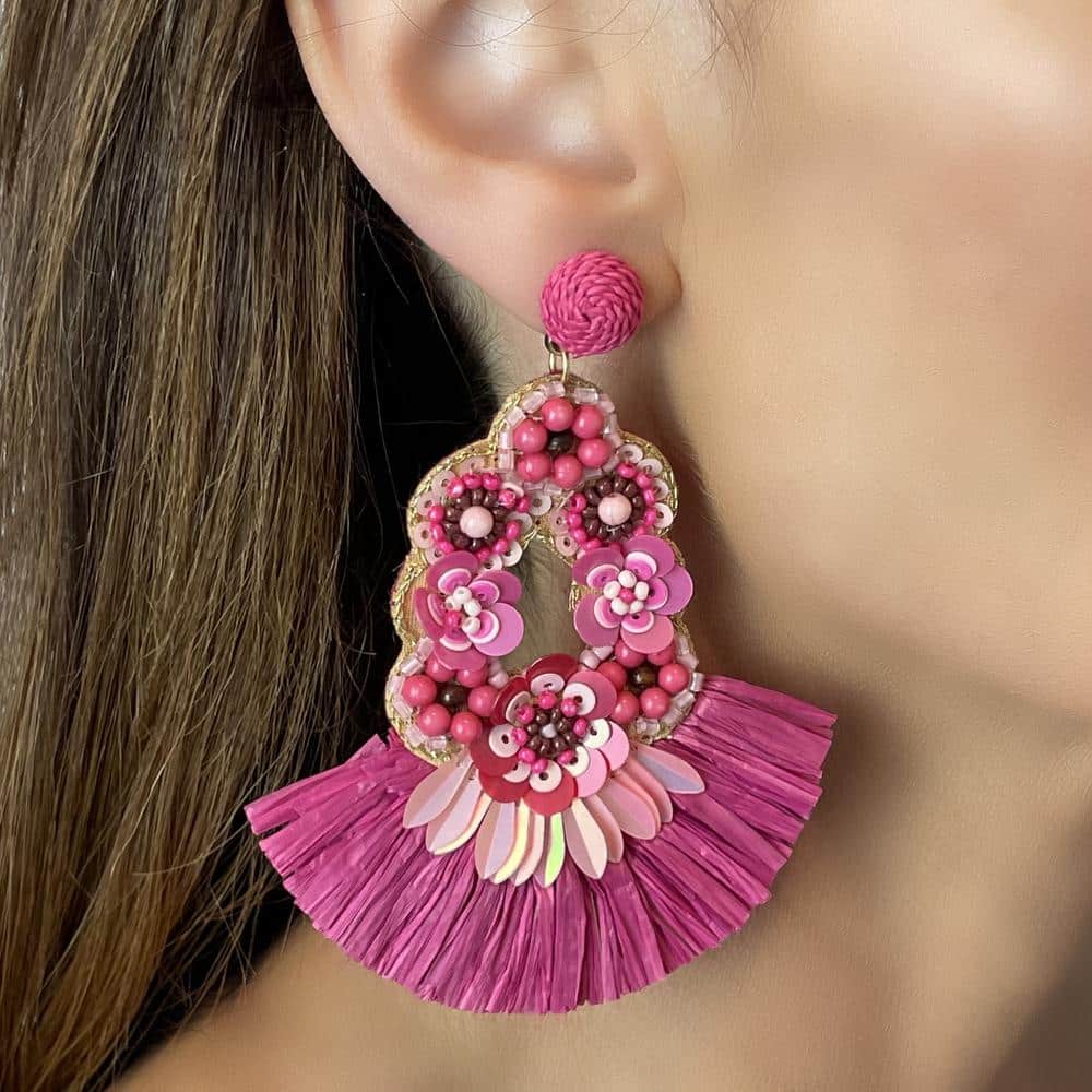 Pink Raffia Floal Mixed Bead Statement Earrings 
