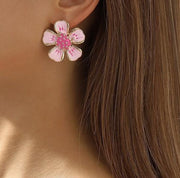 Pink Pansy Enamel and Gold Stud Earrings