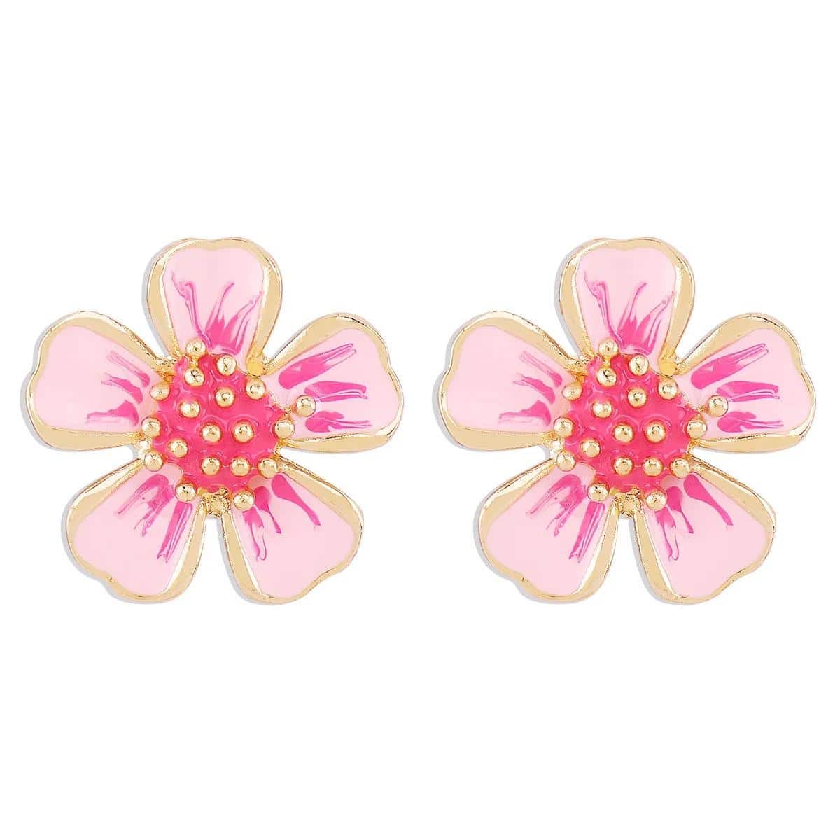 Pink Pansy Enamel and Gold Stud Earrings