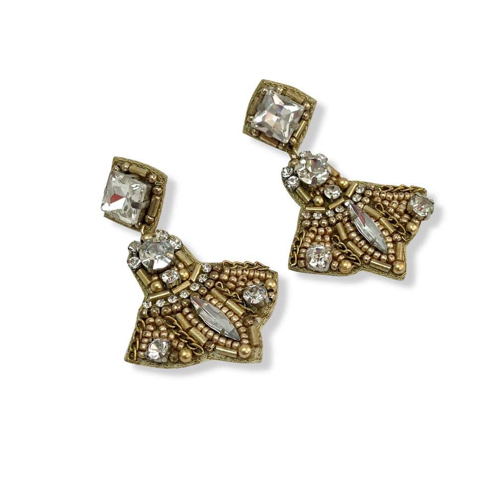 Rhinestone and Brushed Gold Bead Statement Earrings 