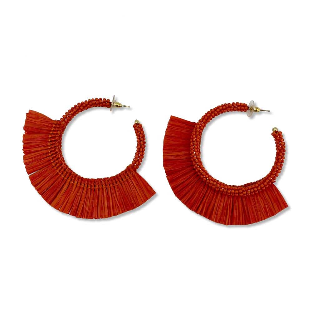 Bright Orange Bead and Raffia Statement Hoop Earrings