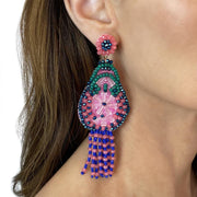 Large colourful pink beaded statement earrings with fringe bead detail