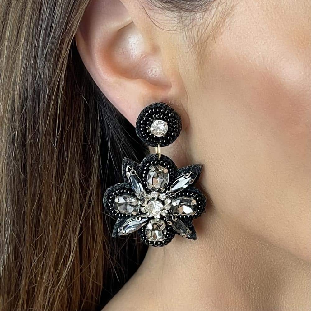 Black Rhinestone Bead Flower Drop Earrings