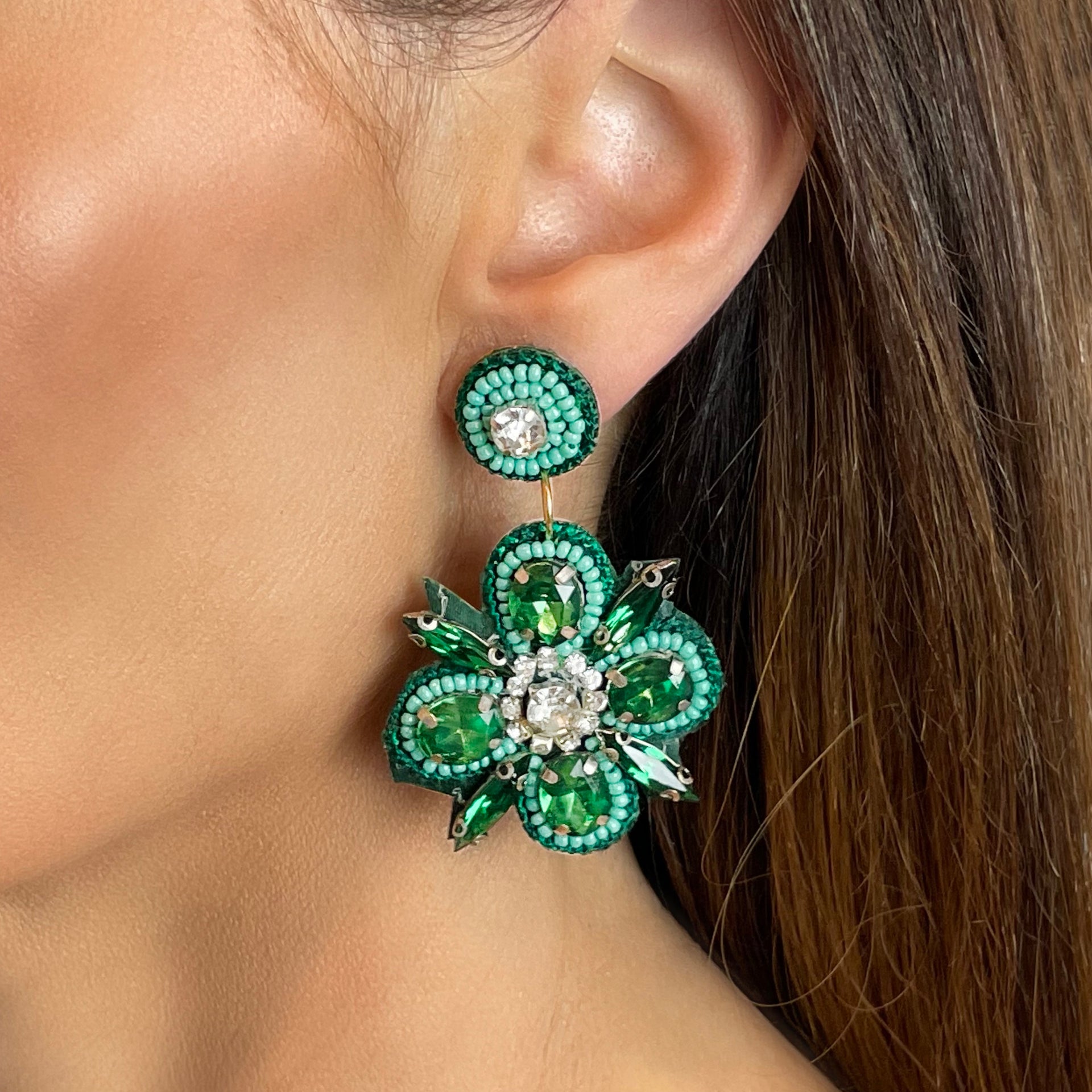 Emerald Rhinestone Bead Flower Drop Earrings