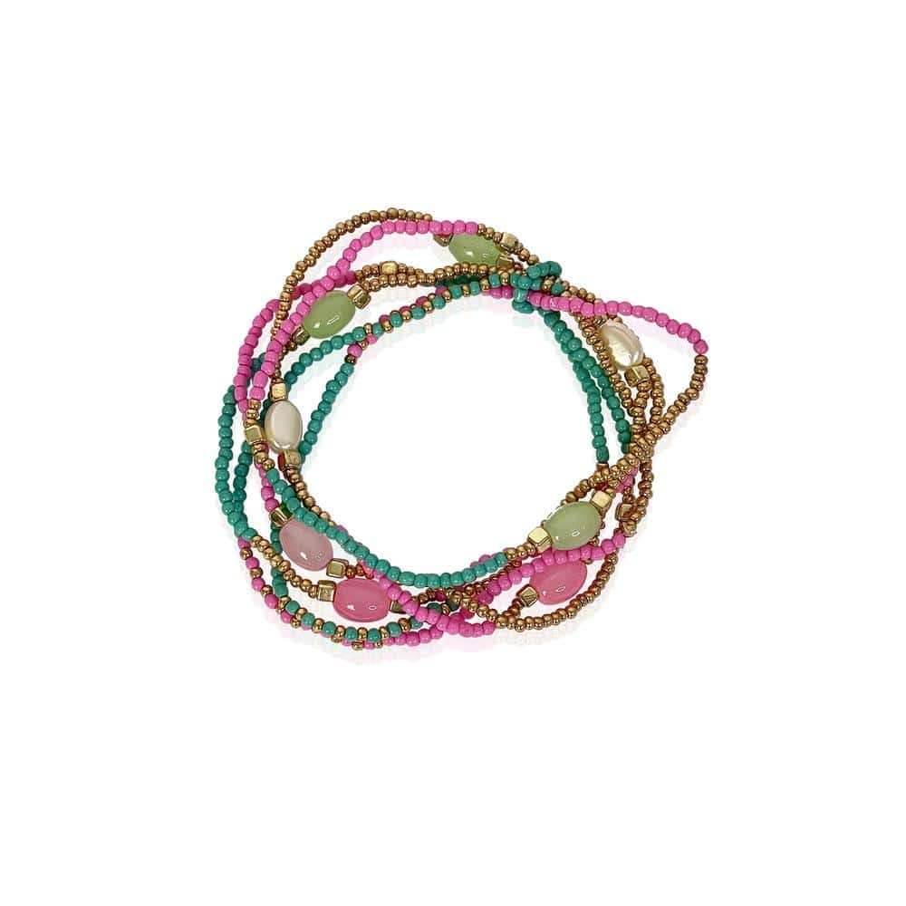 Fine Bead Stretch Bracelet in Pink green and gold