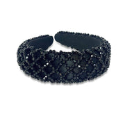 Black Satin Padded Headband Embellished in Black Crystal Lattice