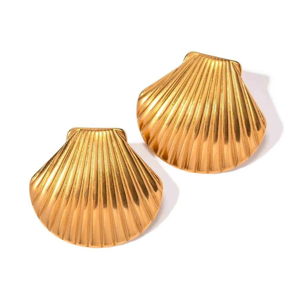 18K Gold Plated Stainless Steel Clam Shell Design Stud Earrings