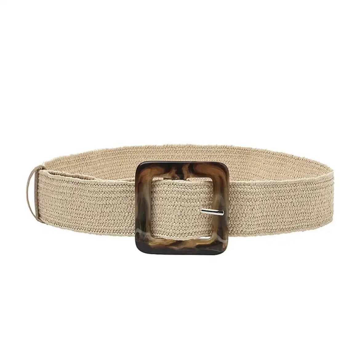 Stretch woven raffia waist belt with bold resin buckle in light sand