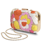 Metal clip closure Structured clutch Removable chain strap Floral stitch front detail Hessian back clutch