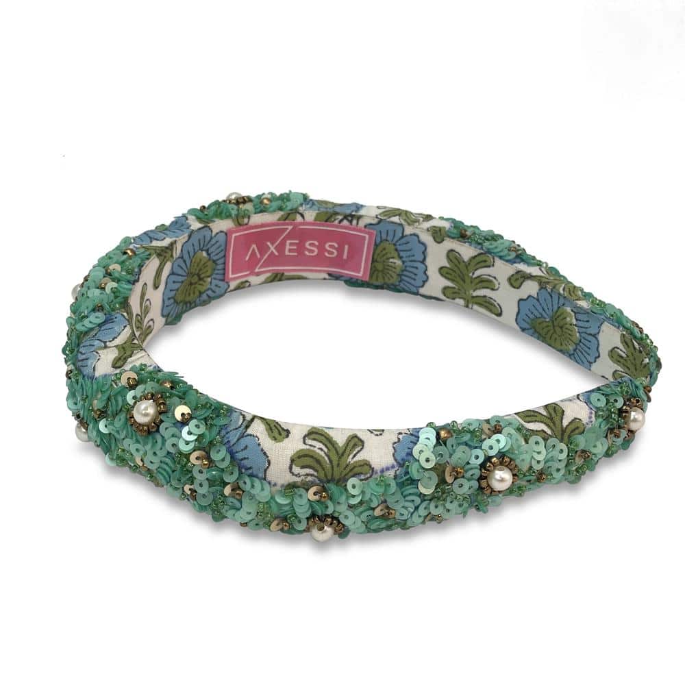 Handmade traditional block print headband with sequin and pearl bead detailing