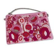 Bright Pink Zip Top Floral Embellished Clutch Bag