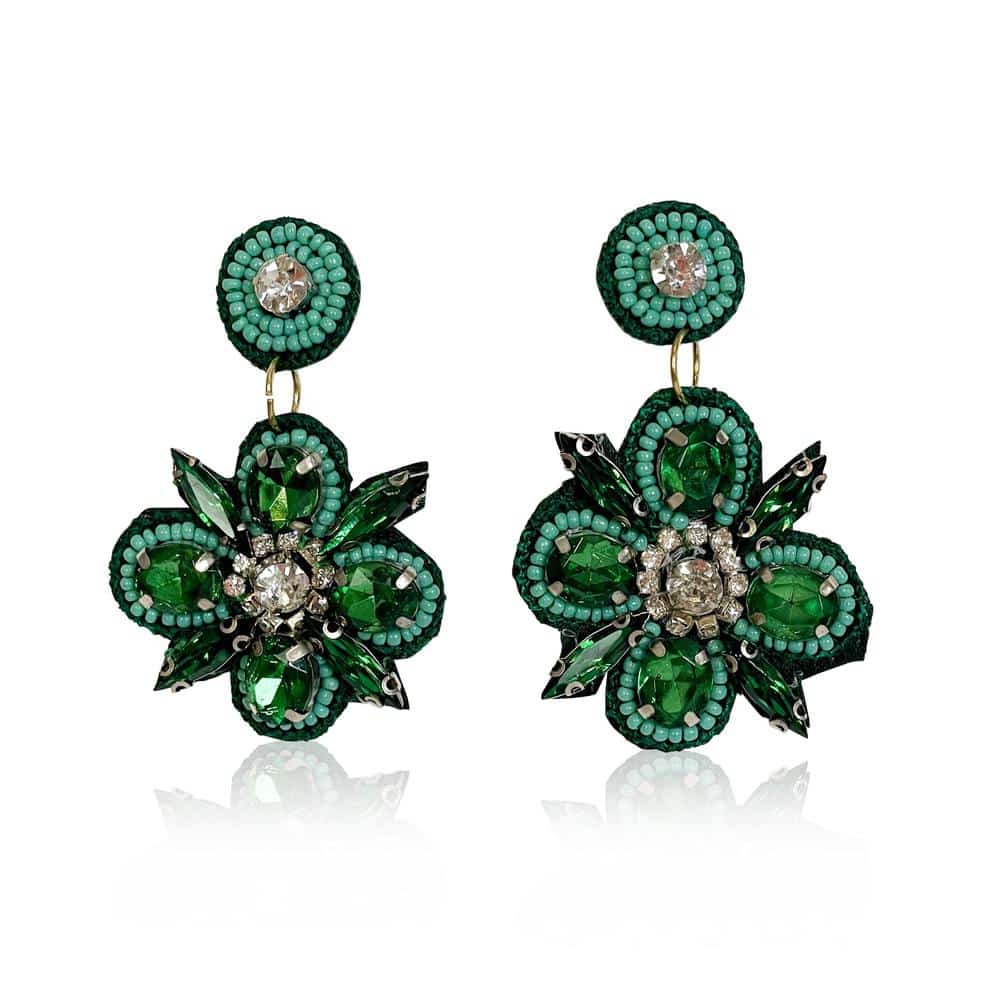 Emerald Rhinestone Bead Flower Drop Earrings
