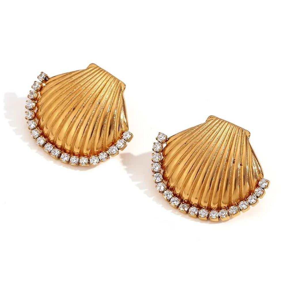 Diamante and Gold Plated Shell Stud Earrings