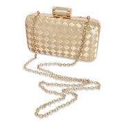 Gold coloured Satin Plait Hard Clutch with Metal clip closure with Removable gold chain strap