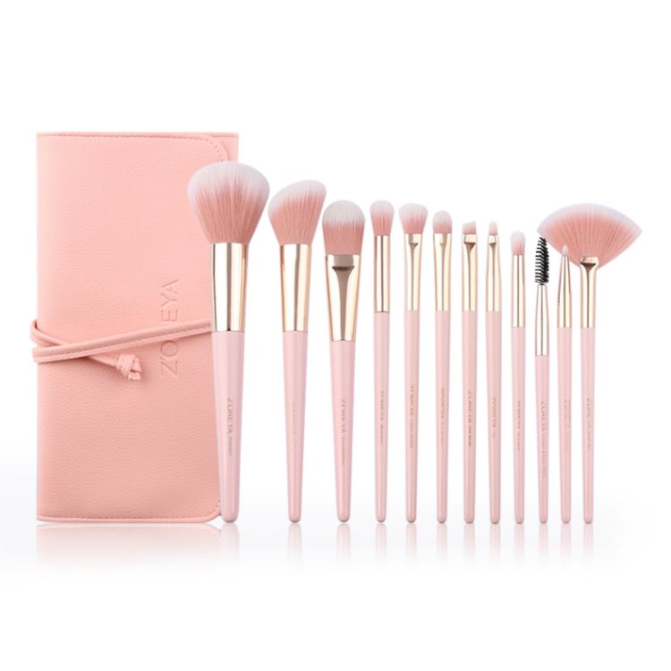 Twelve Piece Soft Pink Makeup Brush Set with Ombre Pink Bristles and Vegan Leather Storage Case