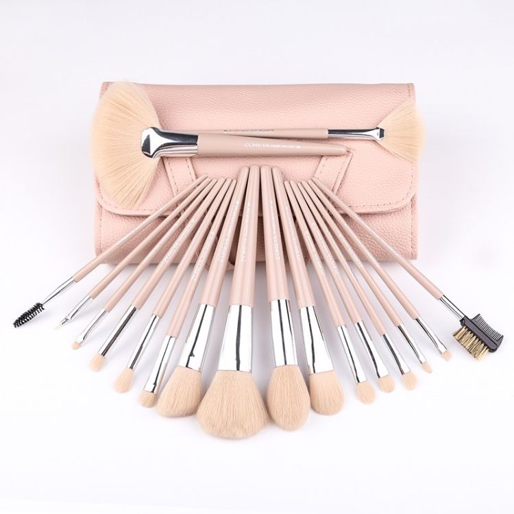 Eighteen Piece Makeup Brush Set with Vegan Leather Storage Pouch with Handle and Magnetic Closure