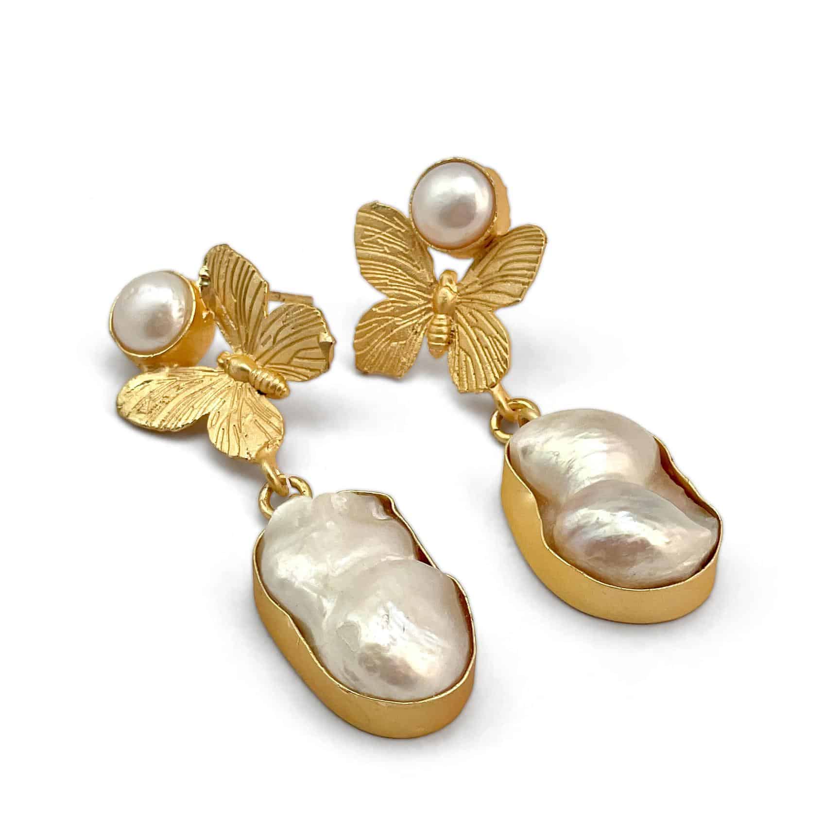 Baroque pearl butterfly drop earrings Set in brushed gold plated brass Hand made Australian designed