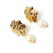 Gold textured abstract stud featuring pearl drop