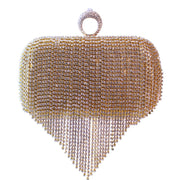 Gold hard clutch bag Featuring diamante tassel front with Finger ring clasp in diamante detailing