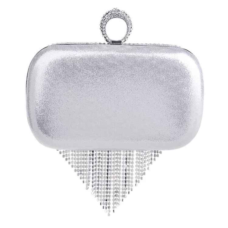 Back side view of silver Hard clutch bag Featuring diamante tassel front with Finger ring clasp in diamante detailing