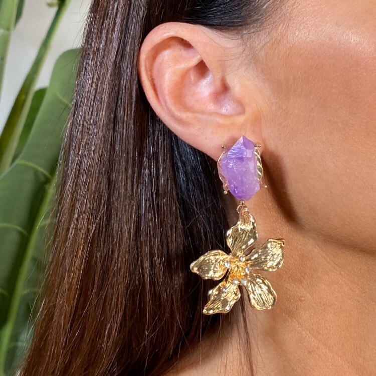 Mauve Imitation Stone Statement Earrings with Large Gold Flower and diamante centre detailing