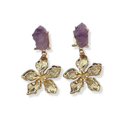Mauve Resin Stone Stud with Large Gold Alloy FLower Drop Statement Earrings