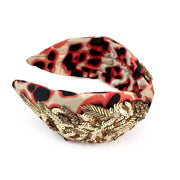 Satin Animal Print Top Knot Headband Featuring Antique Gold Beading