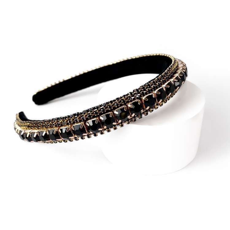 Plush velvet black headband Embellished with rhinestone and diamante set in gold claws in black