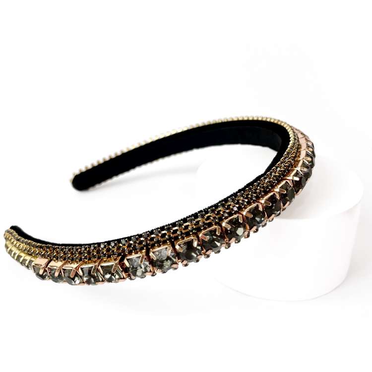 Plush velvet black headband Embellished with rhinestone and diamante set in gold claws in gun metal grey