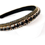 Plush velvet black headband Embellished with rhinestone and diamante set in gold claws in black