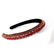 Plush velvet black headband Embellished with rhinestone and diamante set in gold claws in Red
