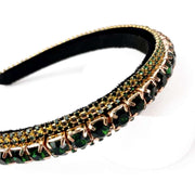Plush velvet black headband Embellished with rhinestone and diamante set in gold claws in emerald green