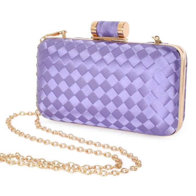 Lavender Satin Plait Hard Clutch with metal clip closure with Removable gold chain strap