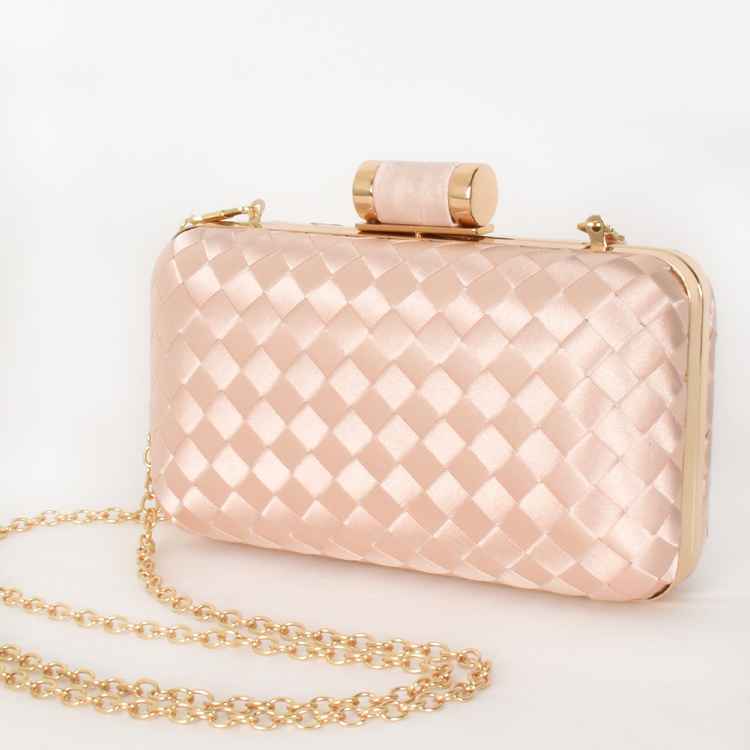 Nude beige coloured Satin Plait Hard Clutch with Metal clip closure with Removable gold chain strap