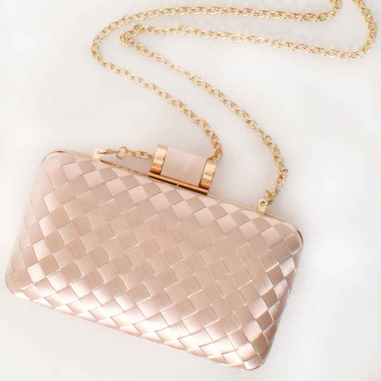 Nude-beige coloured Satin Plait Hard Clutch with Metal clip closure with Removable gold chain strap