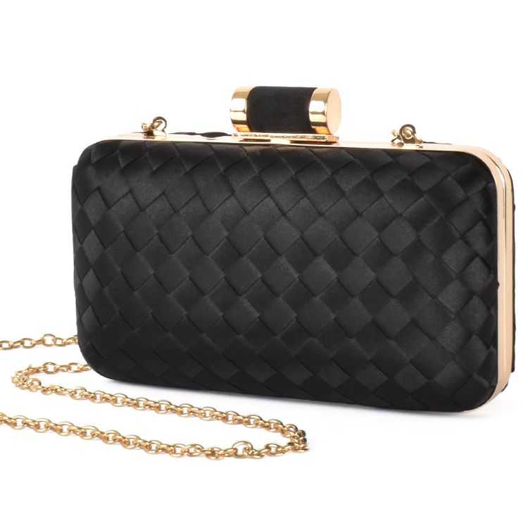 Black Satin Plait Hard Clutch with Metal clip closure with Removable gold chain strap