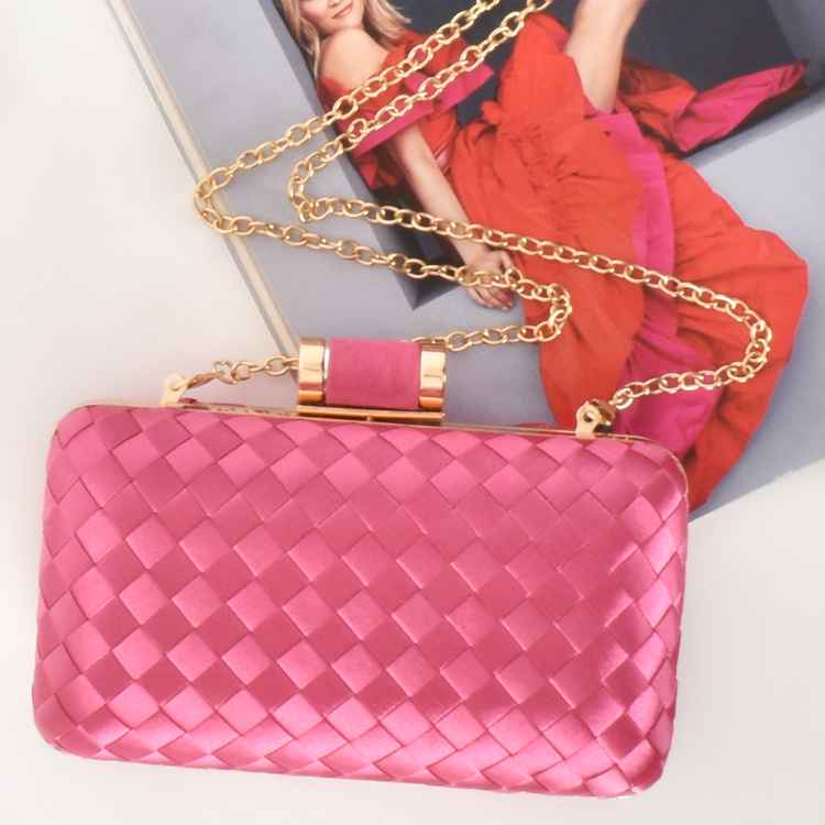 Fuchsia coloured Satin Plait Hard Clutch with Metal clip closure with Removable gold chain strap