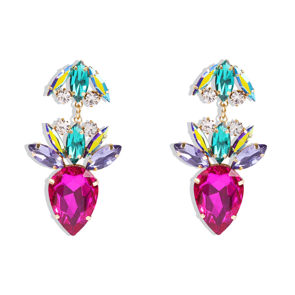 Colourful rhinestones and diamante set in gold alloy with pink rhinestone drop