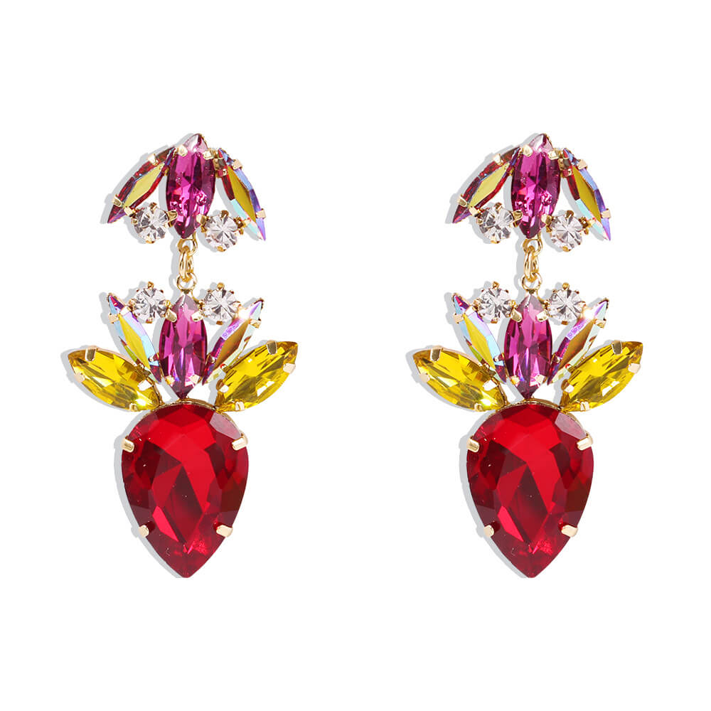 Colourful rhinestones and diamante set in gold alloy with red rhinestone drop