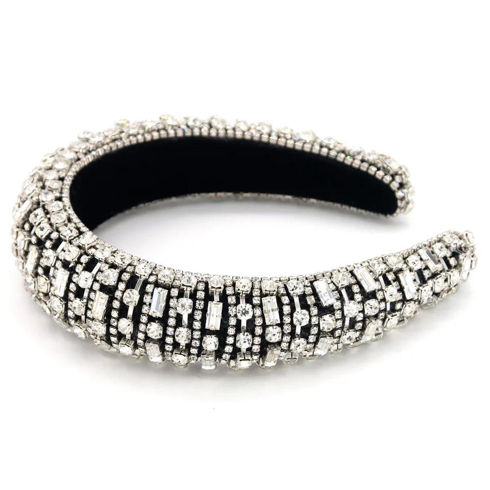Premium velvet padded headband Encrusted with varied sized rhinestones in silver