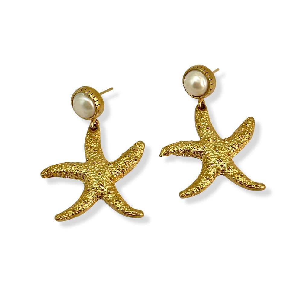 Baroque pearl stud statement earrings featuring textured gold starfish drop