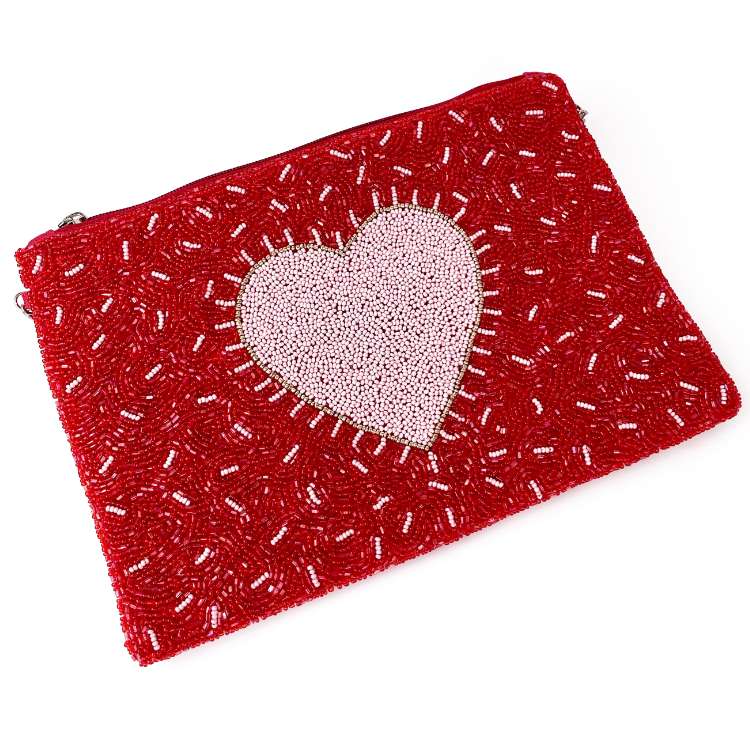 Red beaded embellished clutch bag Heart design Silver hardware zip closure Red canvas back