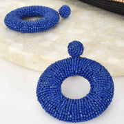 Blue Hand beaded rice bead earrings Statement Stud closure