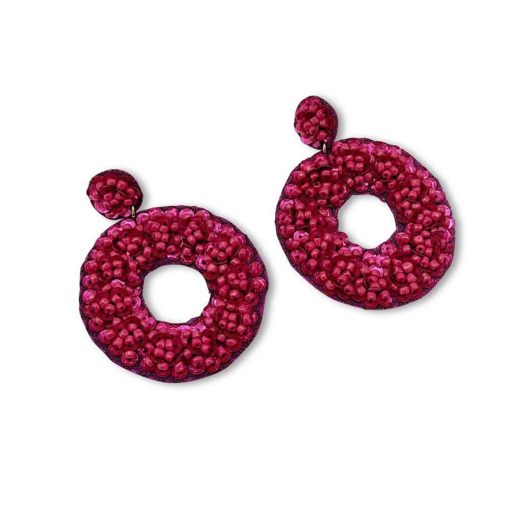 Hot Pink Beaded stud earrings Large round beaded drop
