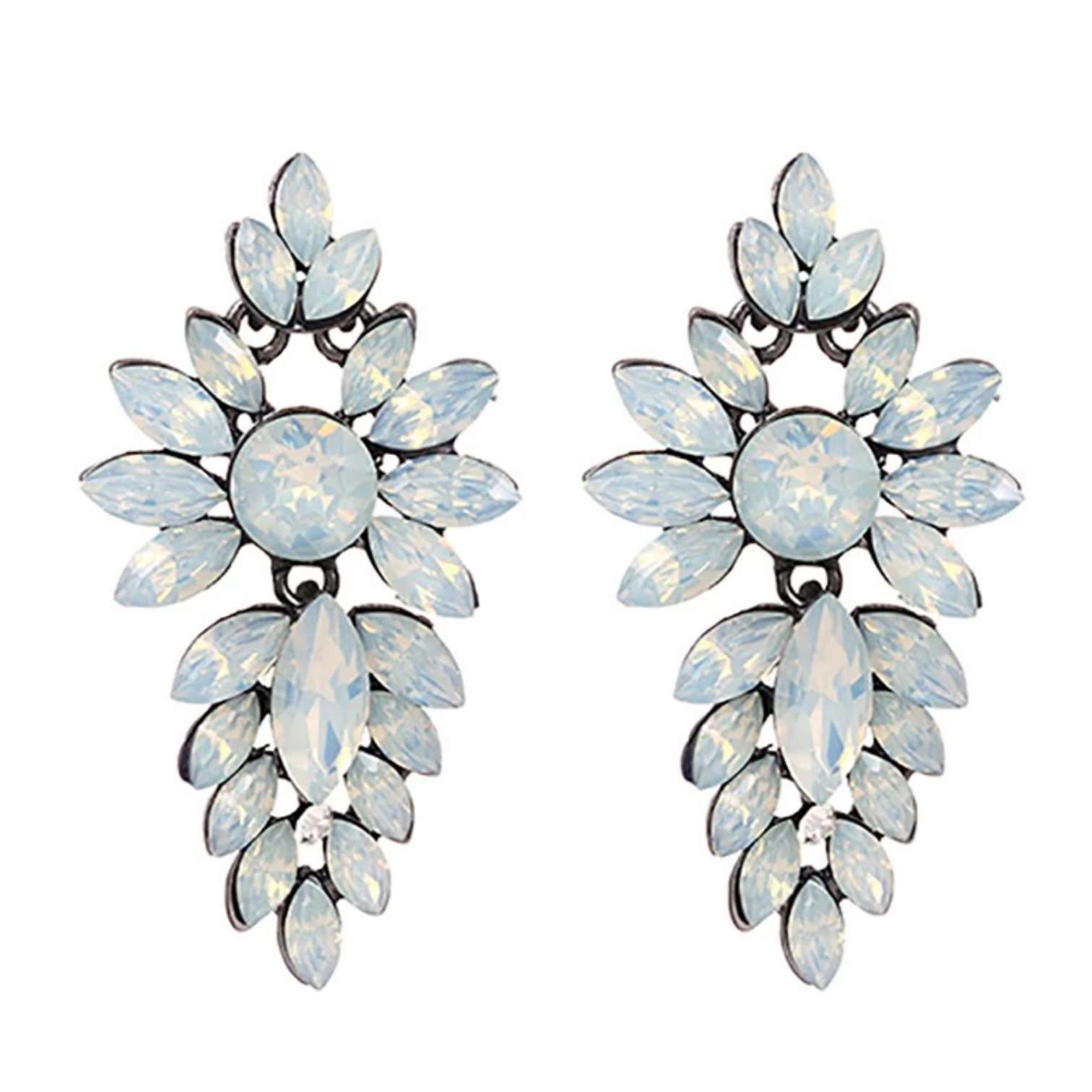 White Opal Rhinestone Earrings Set in VIntage Silver Alloy in Floral Drop Design