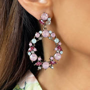 Close up of model wearing Pink Rhinestone and Diamante Round Statement Earrings in Vintage Gold Alloy and Nickle Free